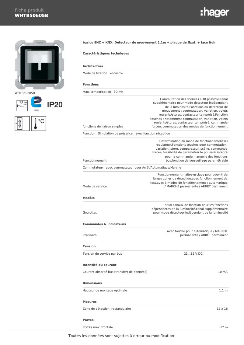 Page 1 de la notice Fiche technique Hager WHTB50605B