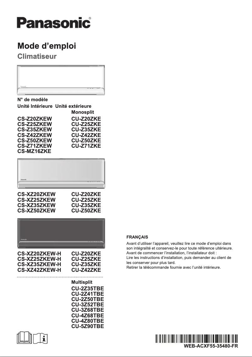 Page 1 de la notice Manuel utilisateur Panasonic CU-Z71ZKE