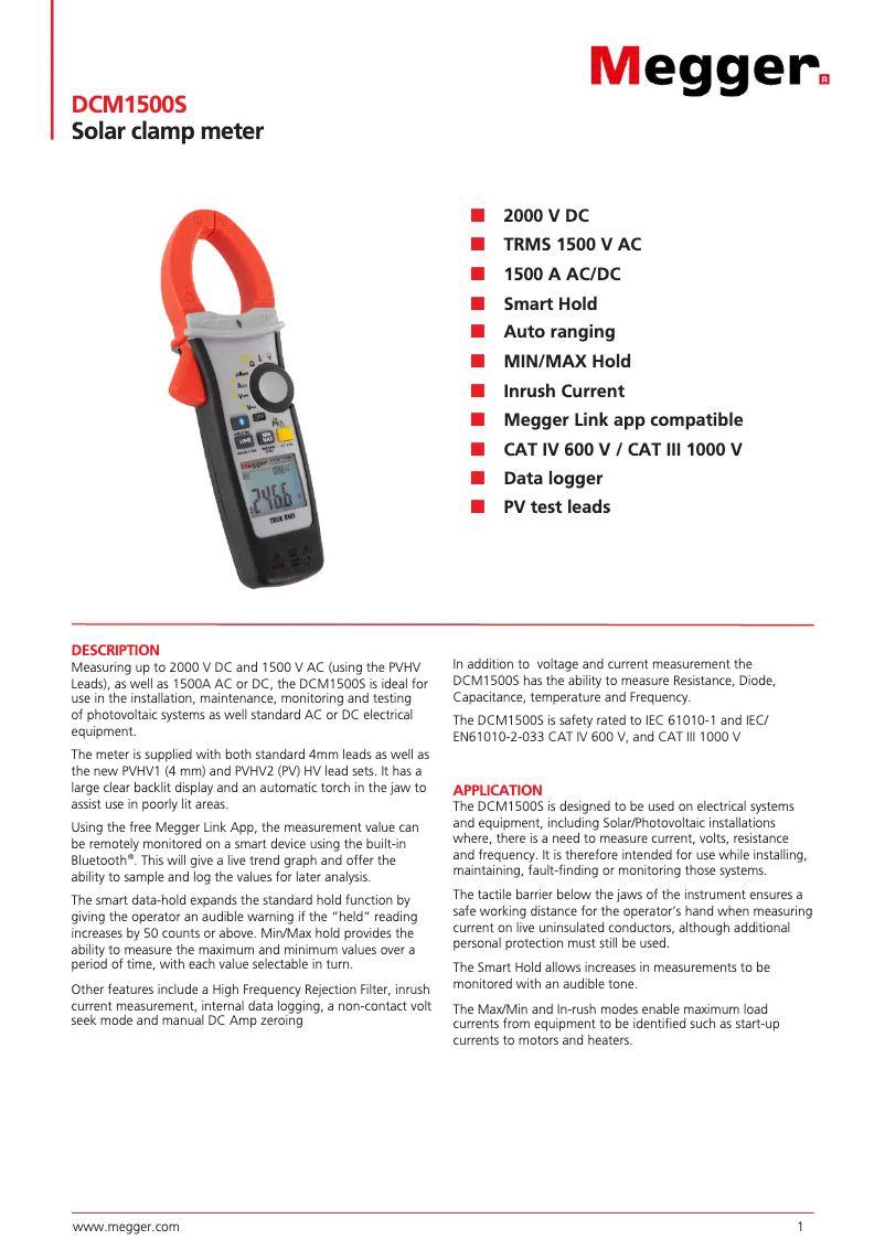 Page 1 de la notice Fiche technique Megger DCM1500S