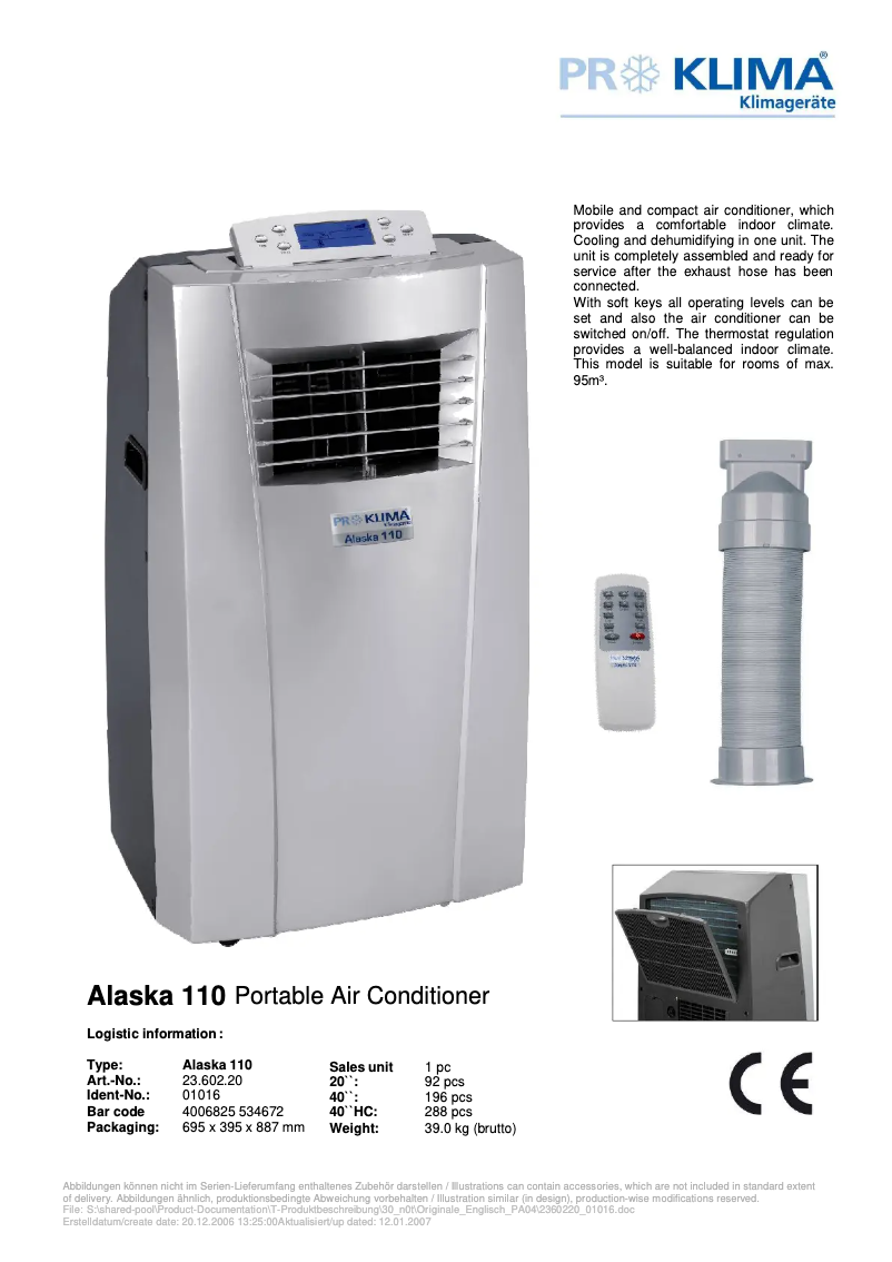 Page 1 de la notice Fiche technique Proklima MA 110