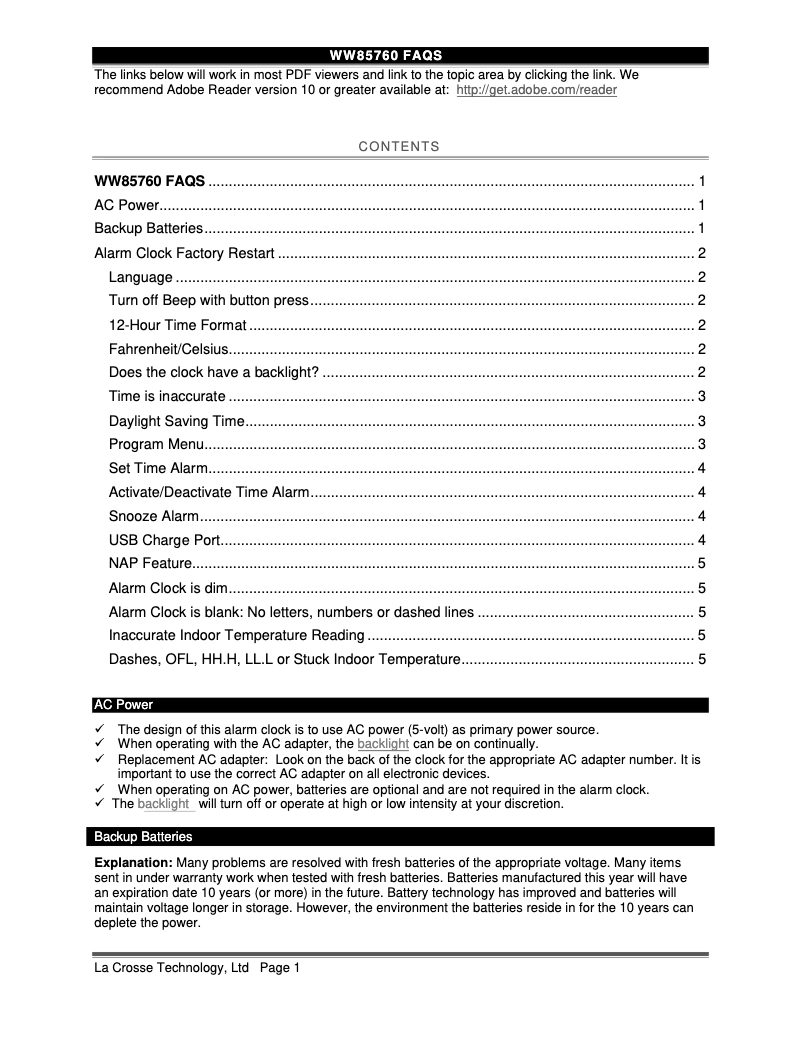Page 1 de la notice FAQ La Crosse Technology WW85760