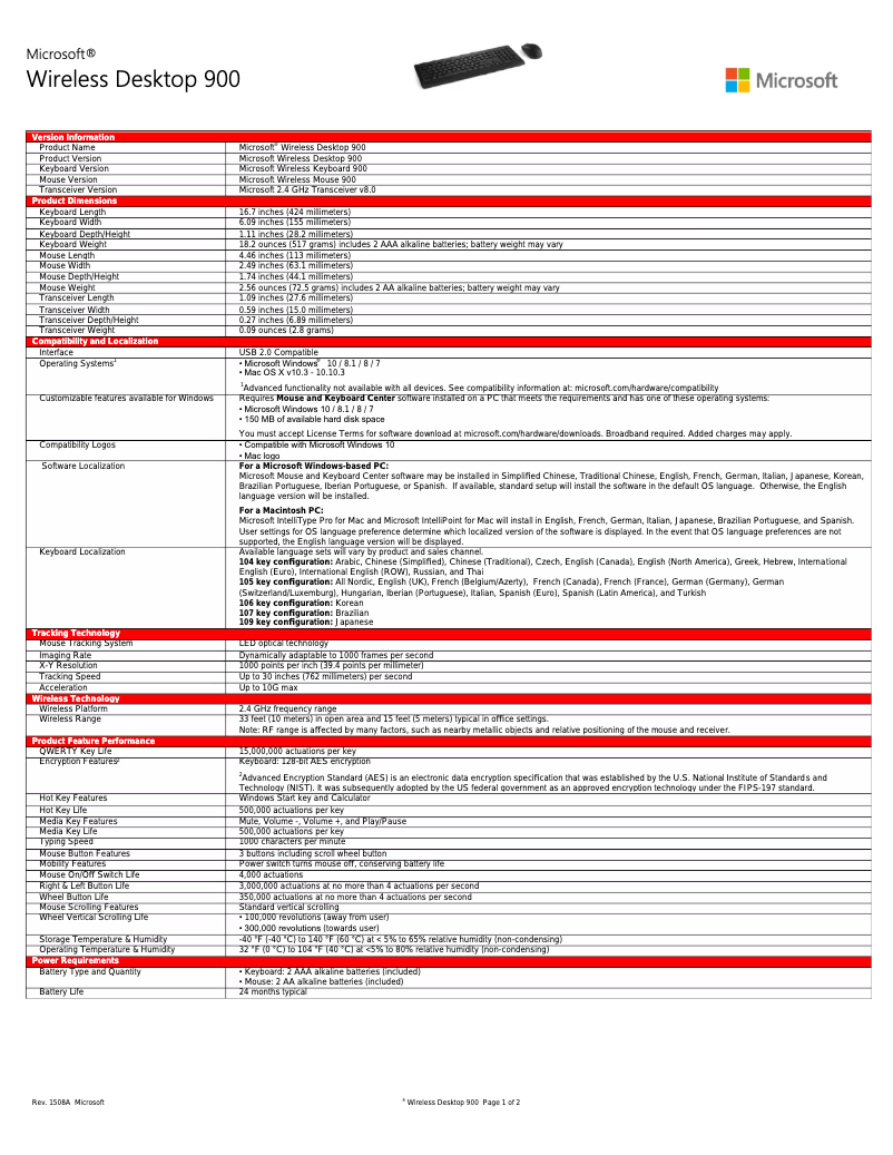Page 1 de la notice Fiche technique Microsoft Wireless Desktop 900