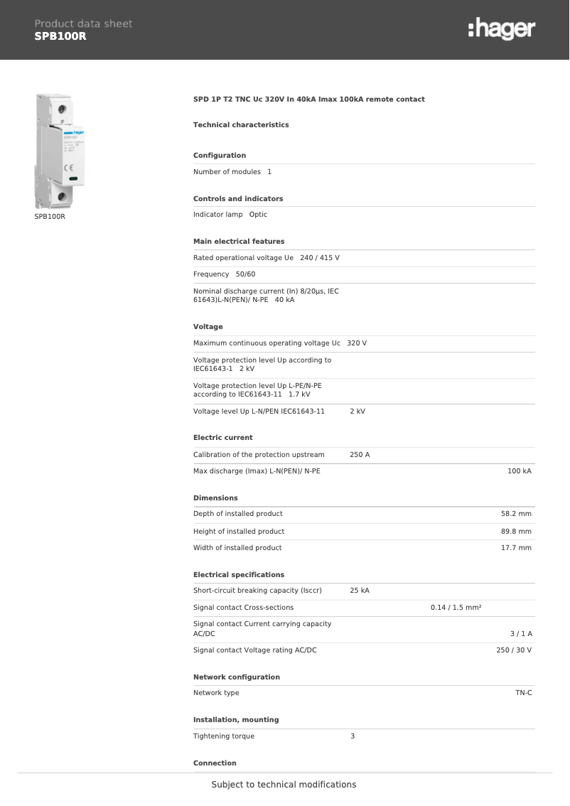 Page 1 de la notice Fiche technique Hager SPB100R