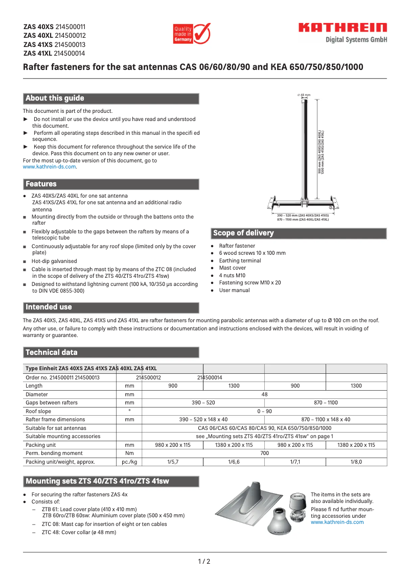 Page n°1 - Manuel utilisateur Kathrein ZAS 40XS