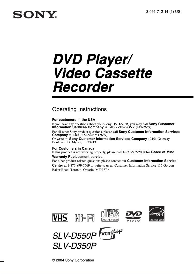 Page 1 de la notice Manuel utilisateur Sony SLV-D550P