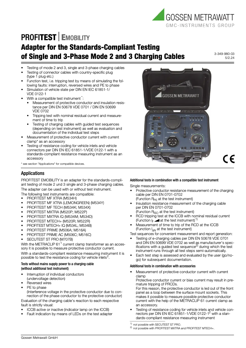 Page 1 de la notice Fiche technique Gossen Metrawatt PROFITEST EMOBILITY