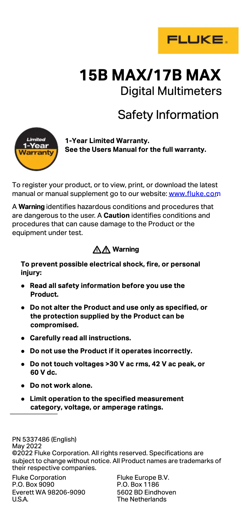 Page 1 de la notice Instructions de sécurité Fluke 15B MAX