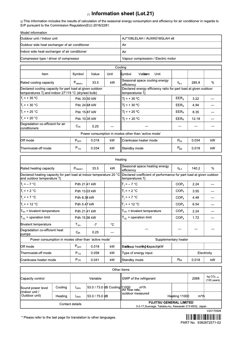 Page 1 de la notice Fiche technique Fujitsu Airstage AJH108LELAH