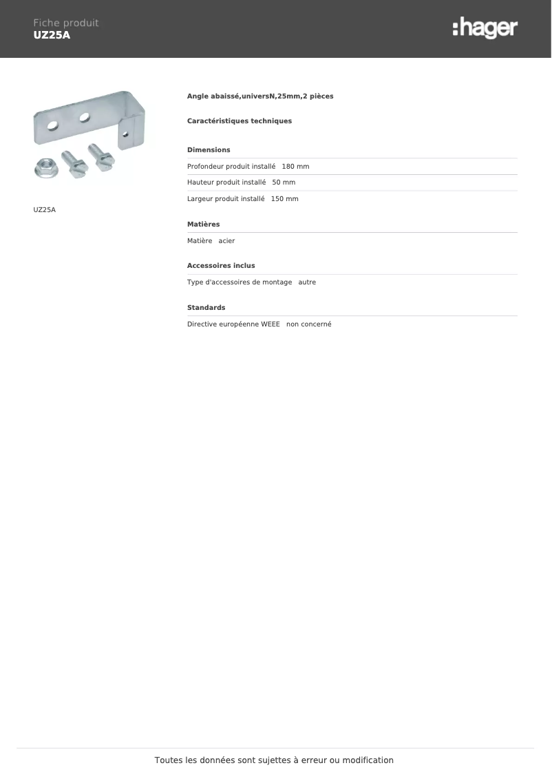 Page 1 de la notice Manuel utilisateur Hager UZ25A