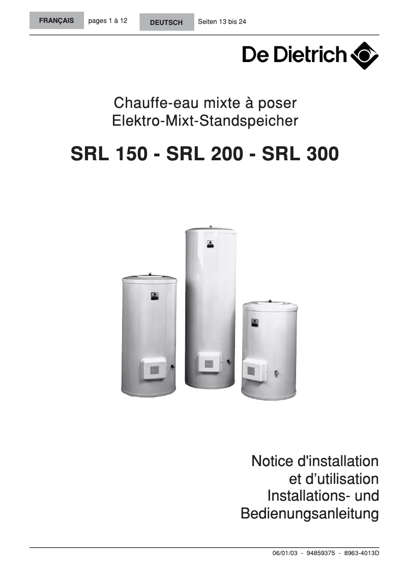 Page 1 de la notice Manuel utilisateur De Dietrich SRL 150