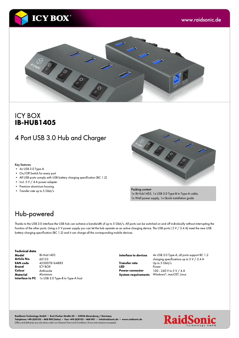 Página 1 del manual Ficha técnica Icy Box IB-HUB1405