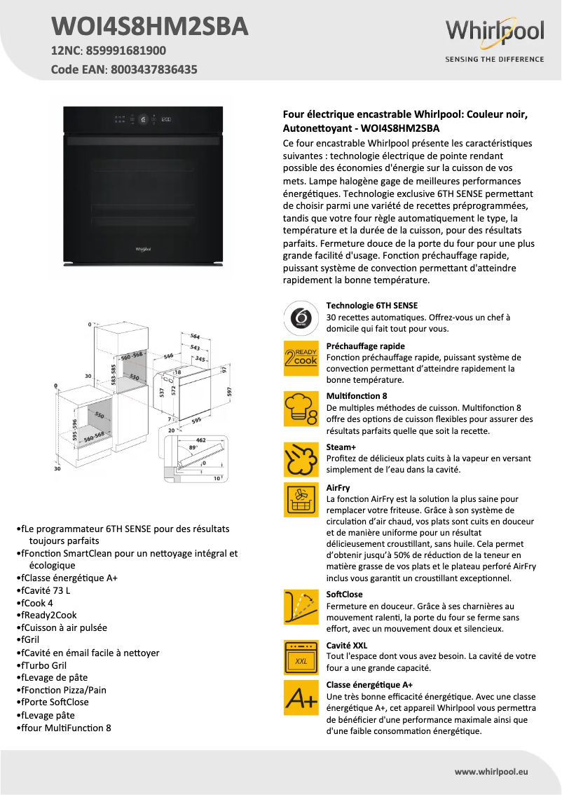 Page 1 de la notice Fiche technique Whirlpool WOI4S8HM2SBA