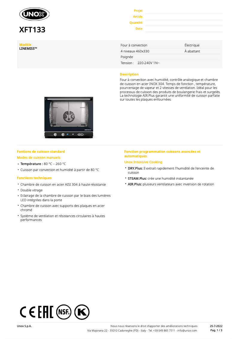 Page 1 de la notice Fiche technique Unox BAKERLUX LINEMISS