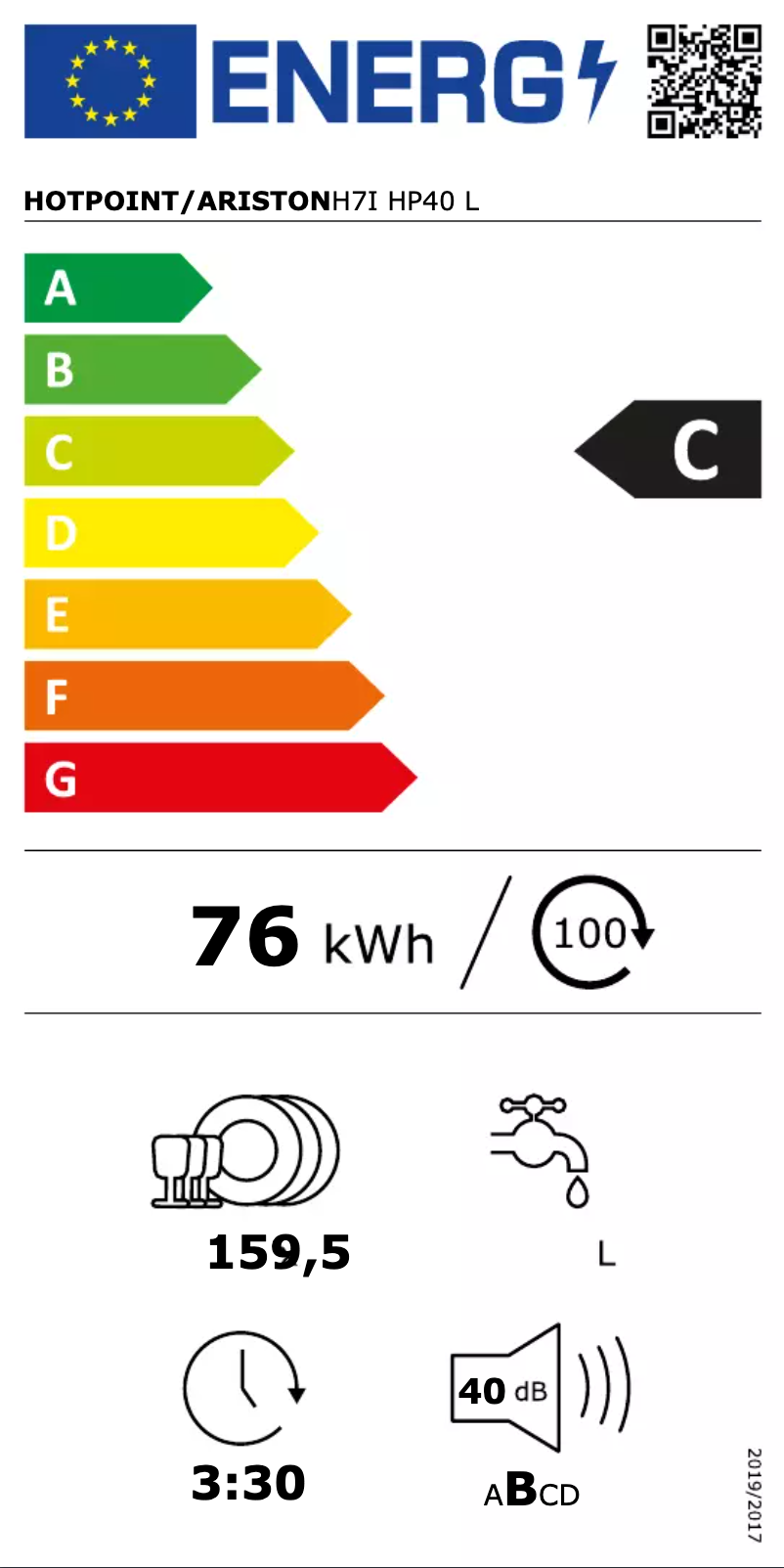 Page n°1 - Label énergétique Hotpoint H7I HP40 L