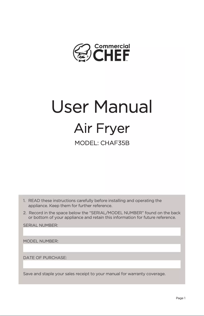 Page 1 de la notice Manuel utilisateur Commercial Chef Air Fryer CHAF35B