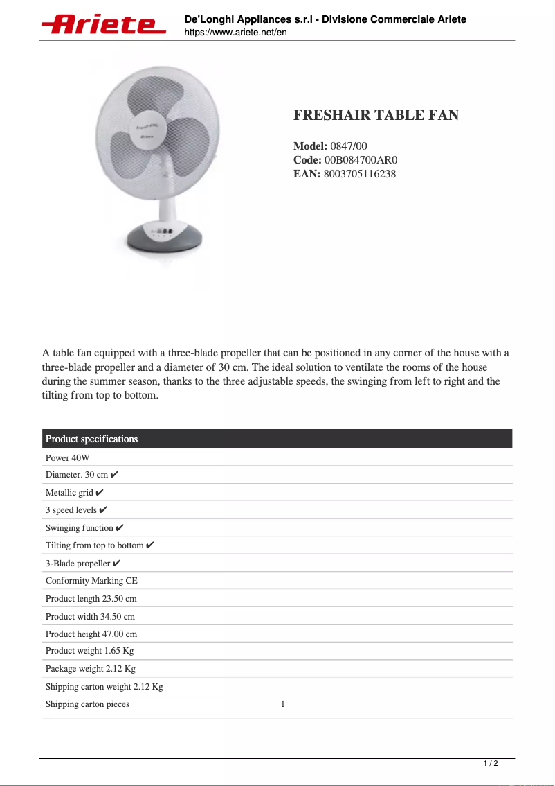 Imagen de la primera página del manual del dispositivo FreshAir 0847