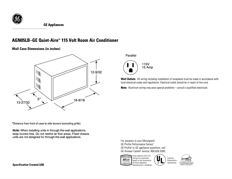 Page 1 de la notice Fiche technique GE Quiet-Aire AGN05LB