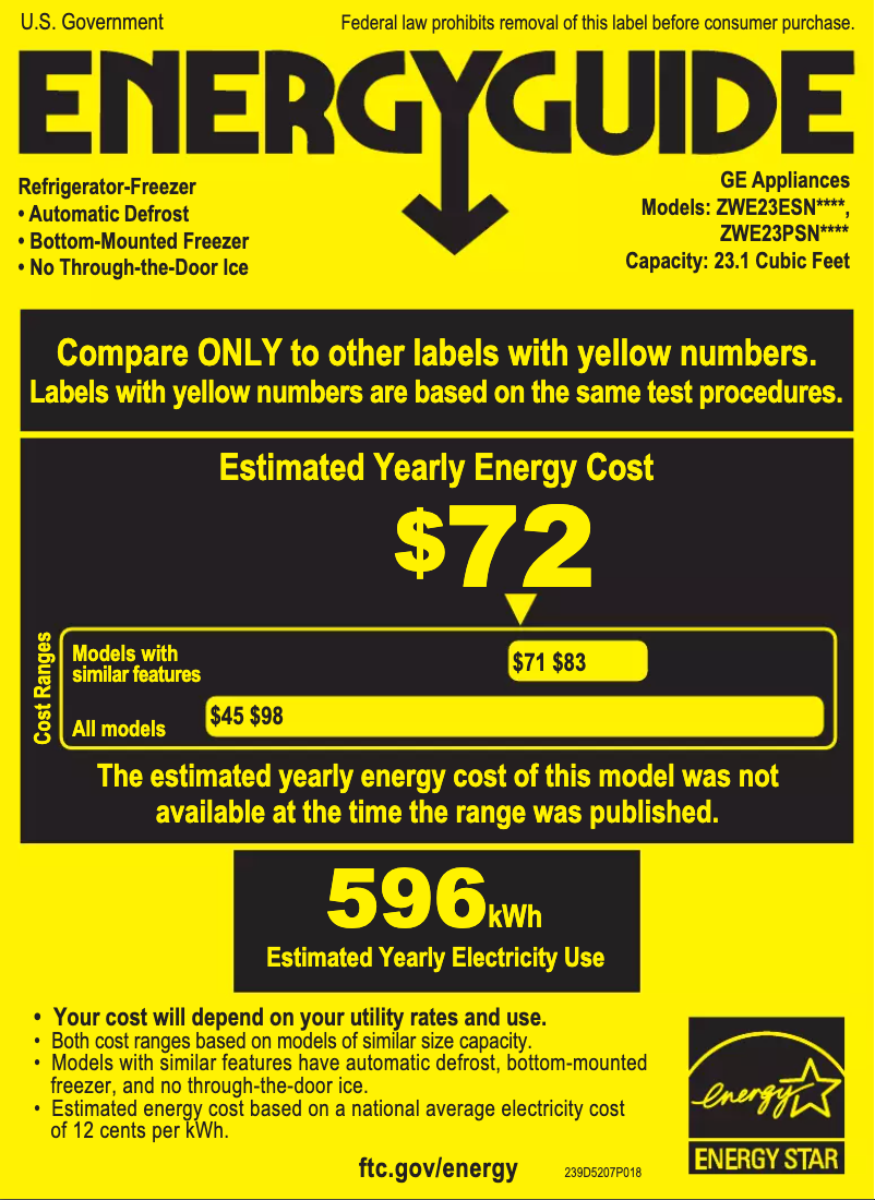 Page 1 de la notice Label énergétique Monogram ZWE23PSNSS