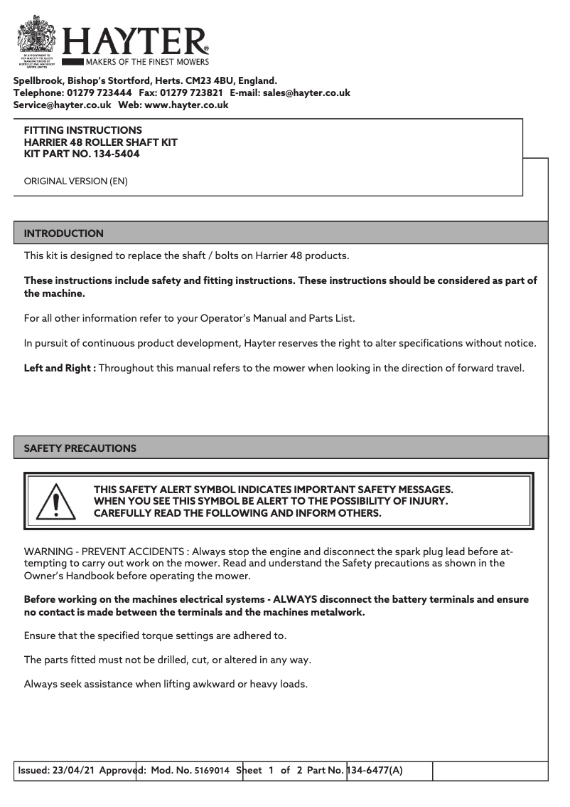 Page 1 de la notice Guide d'installation Hayter Harrier 48