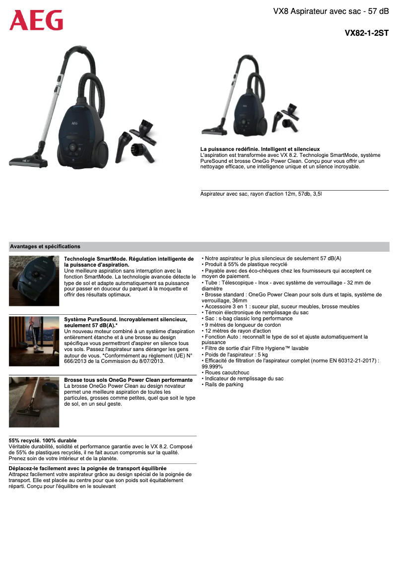 Page 1 de la notice Fiche technique AEG VX82-1-2ST