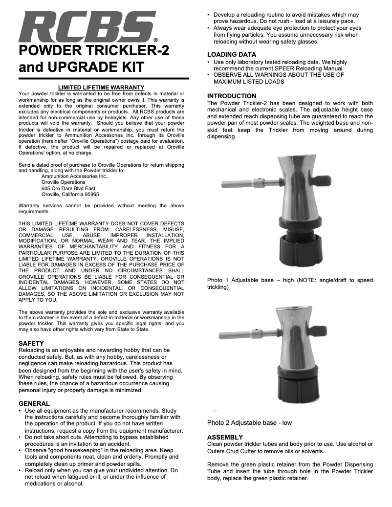 Page 1 de la notice Manuel utilisateur RCBS Powder Trickler-2