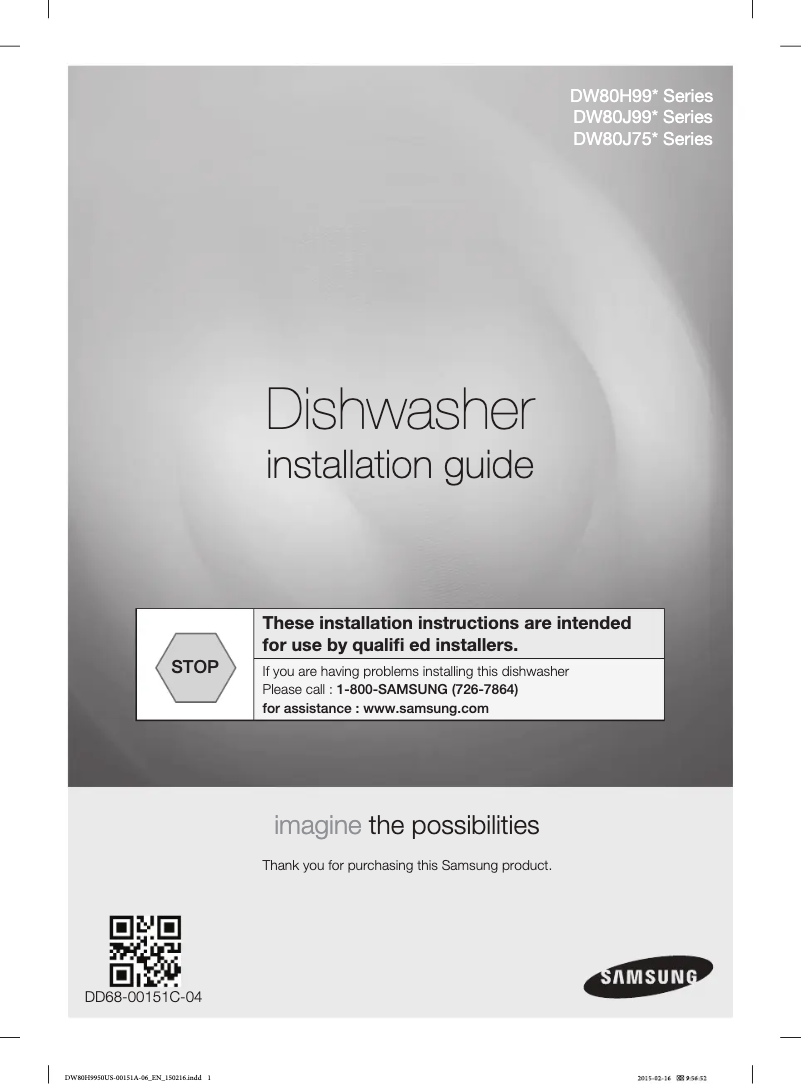 Page n°1 - Guide d'installation Samsung DW80H9970US WaterWall