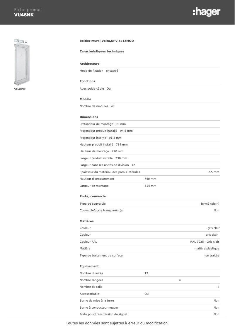 Page 1 de la notice Fiche technique Hager VU48NK