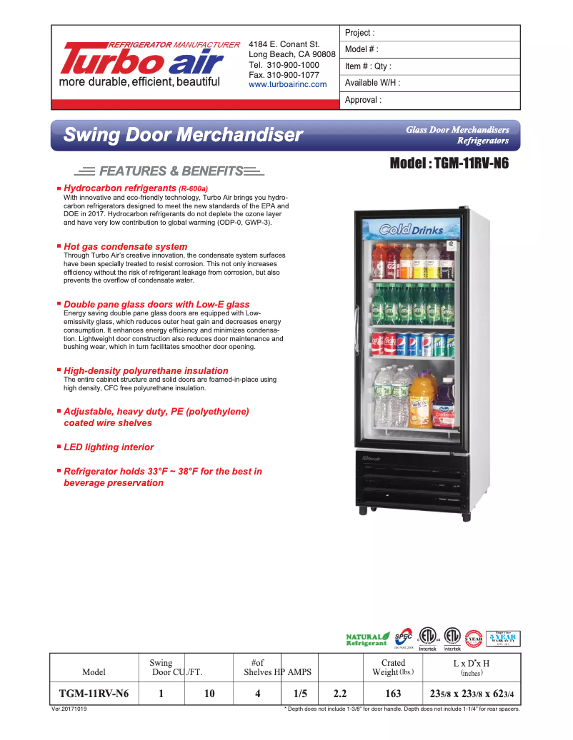 Page 1 de la notice Fiche technique Turbo air TGM-11RV