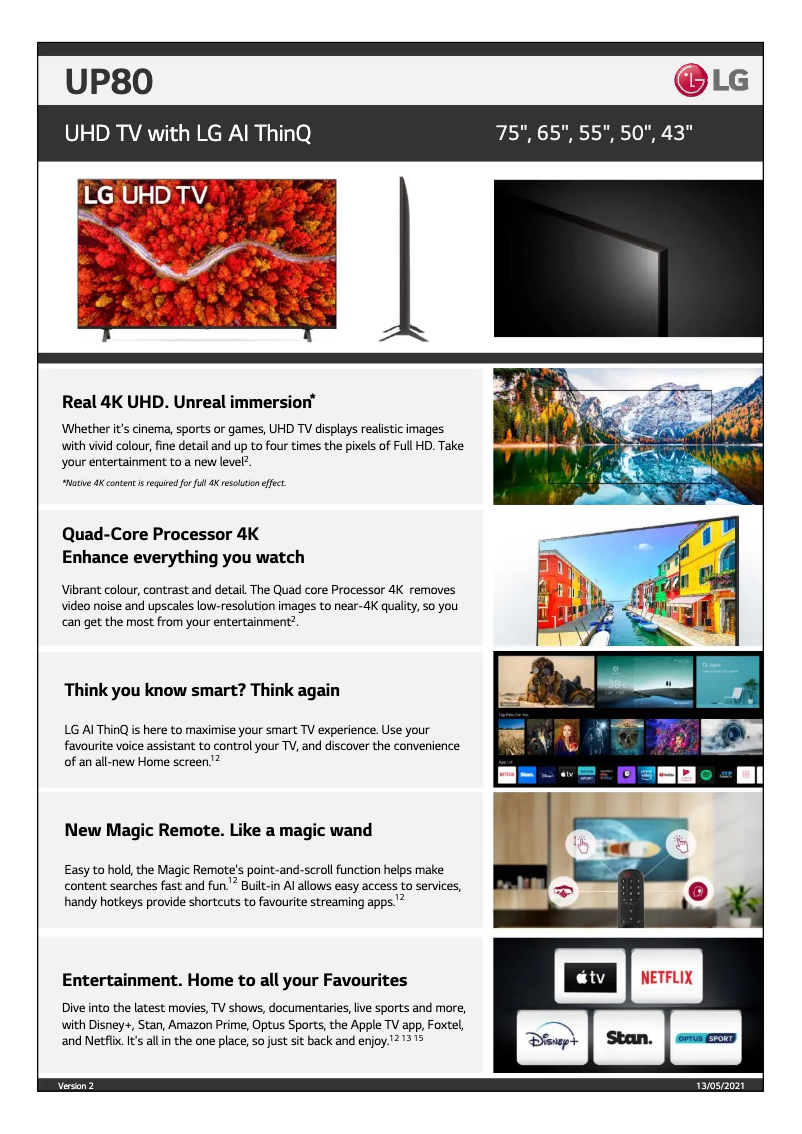 Page 1 of the manual Technical Sheet LG 65UP8000PTB