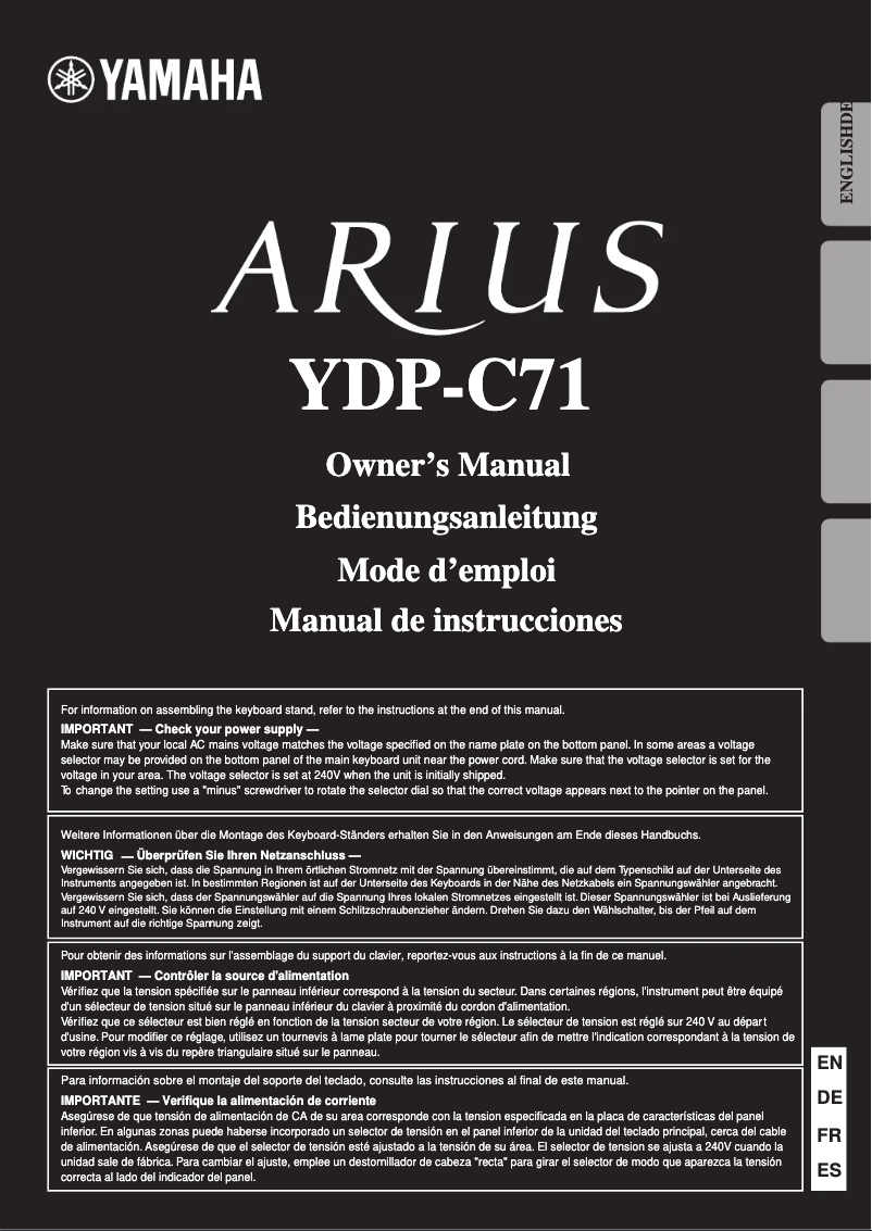 Page 1 de la notice Manuel utilisateur Yamaha Arius YDP-C71PE