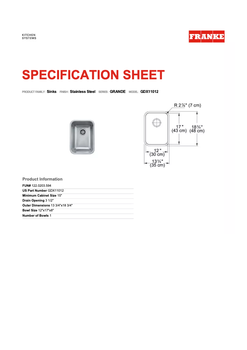 Page n°1 - Fiche technique Franke Grande GDX11012