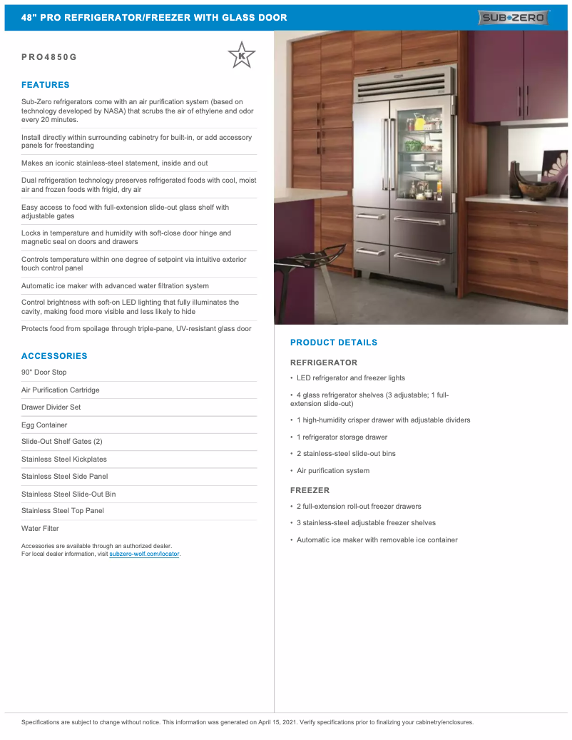 Page 1 de la notice Manuel utilisateur Sub-Zero PRO4850G