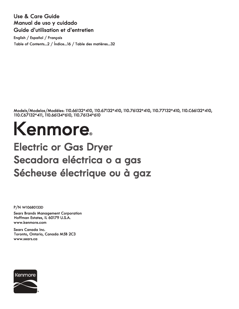 Page 1 de la notice Manuel utilisateur Kenmore 110.77132