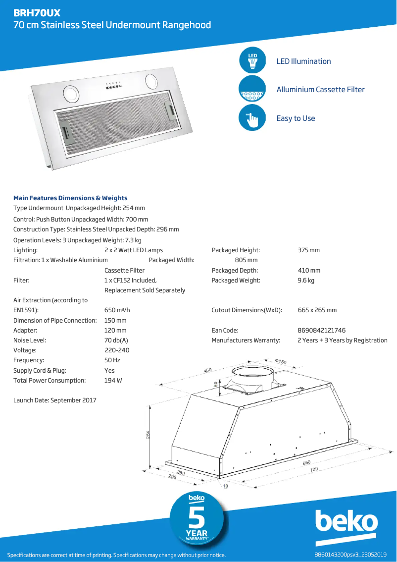 Page 1 de la notice Fiche technique Beko BRH70UX