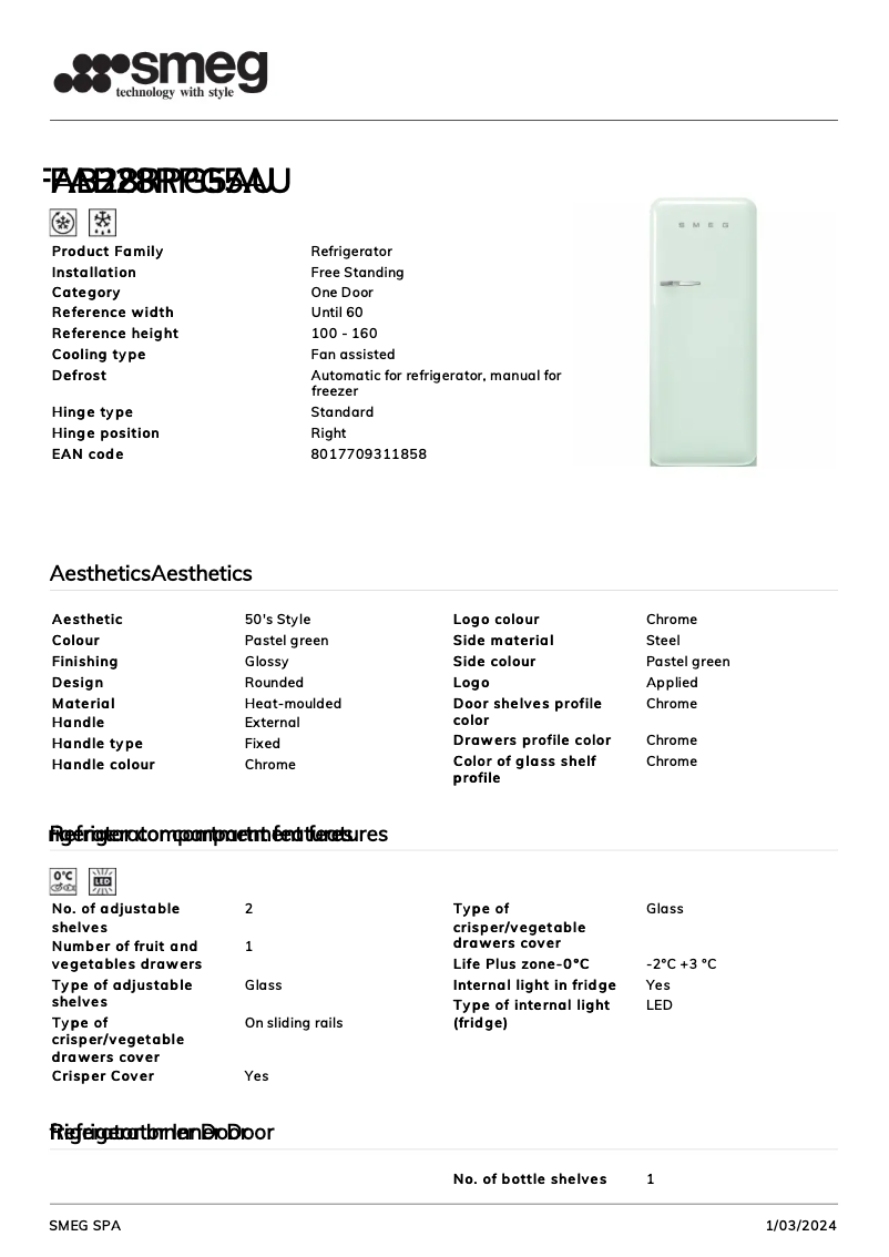Page n°1 - Fiche technique Smeg FAB28RPG5AU