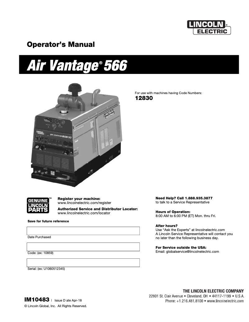 Page 1 de la notice Manuel utilisateur Lincoln Electric Air Vantage 566