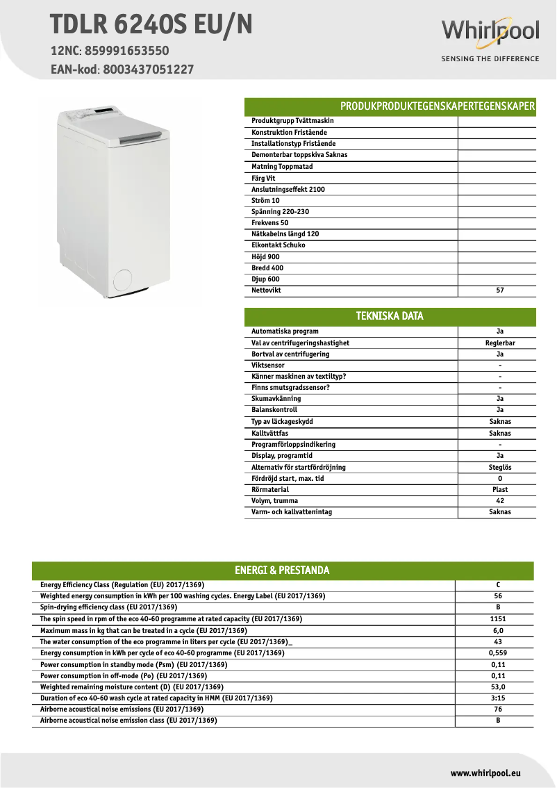 Página 1 del manual Ficha técnica Whirlpool TDLR 6240S
