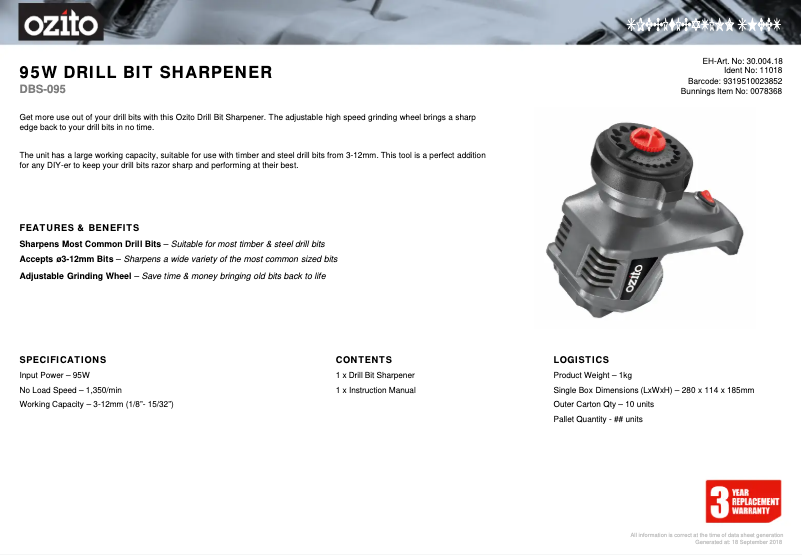 Página 1 del manual Ficha técnica Ozito DBS-095