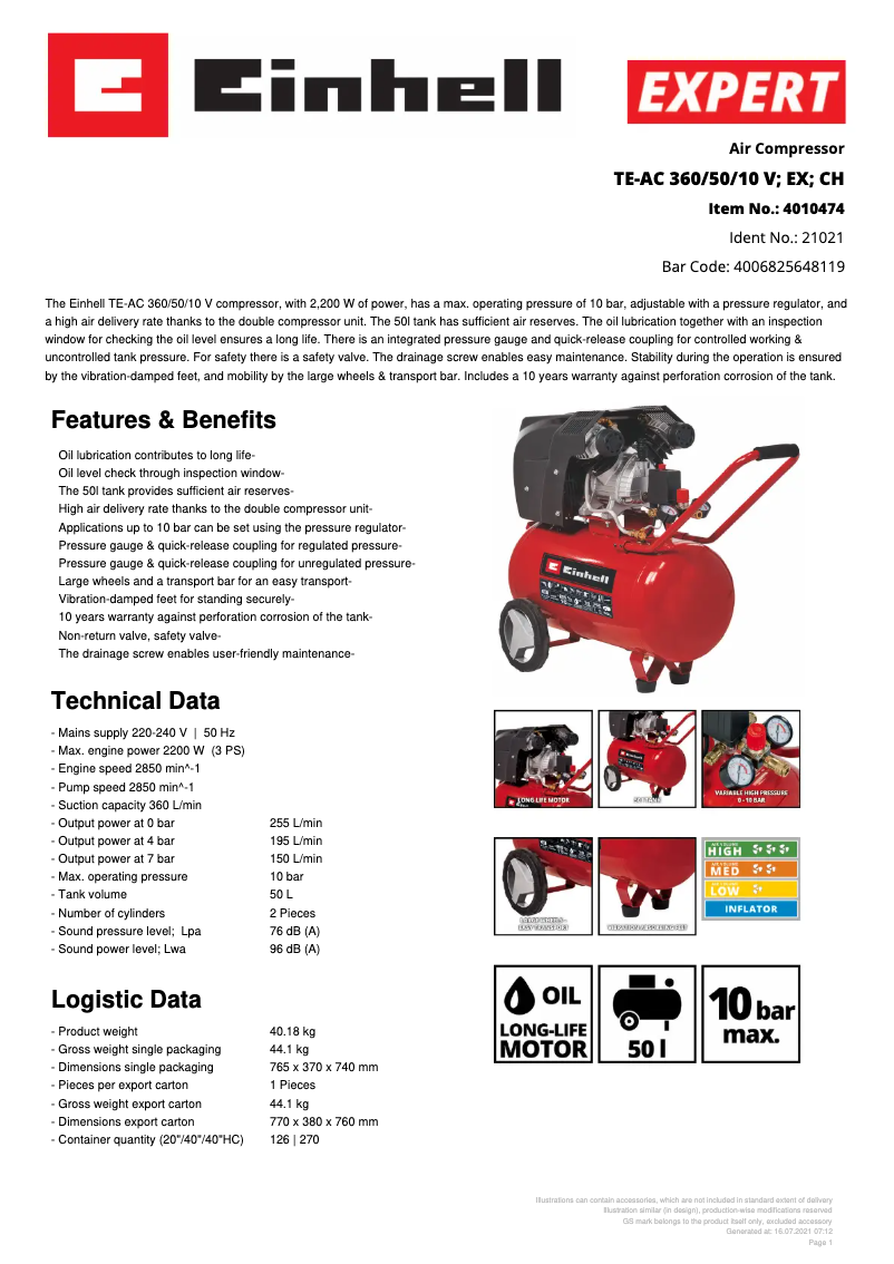 Page 1 de la notice Fiche technique Einhell TE-AC 360/50/10 V