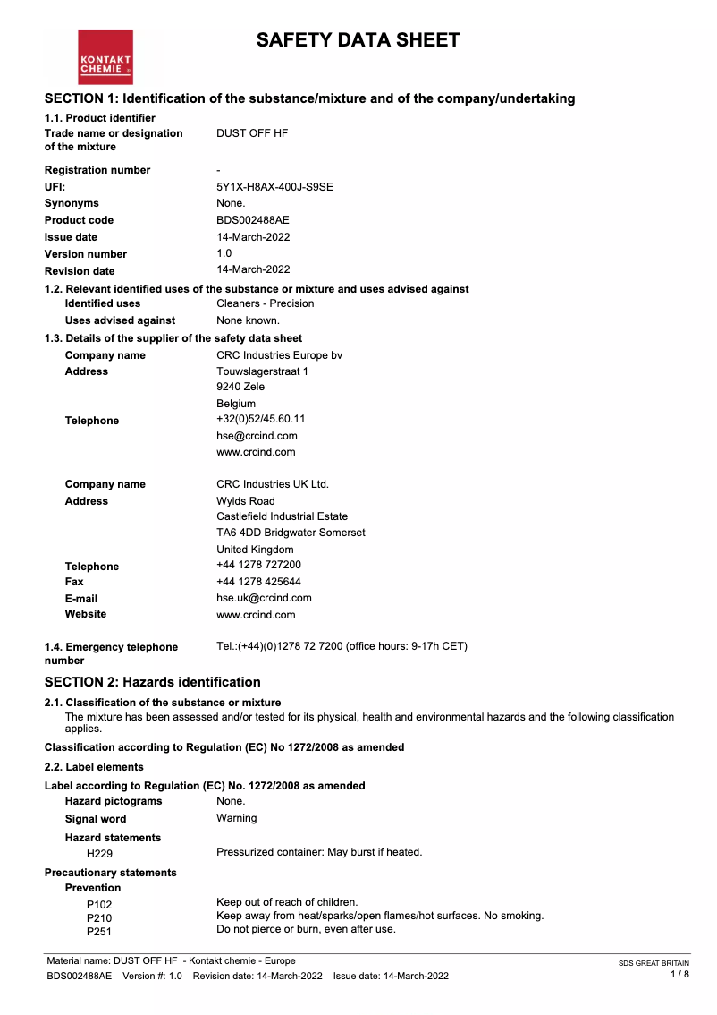 Page n°1 - Manuel utilisateur Kontakt Chemie DUST OFF HF