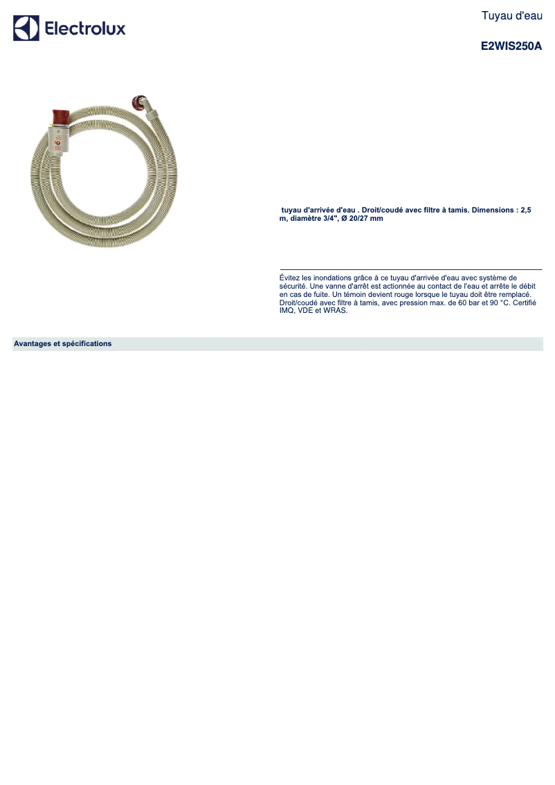 Página 1 del manual Ficha técnica Electrolux E2WIS250A