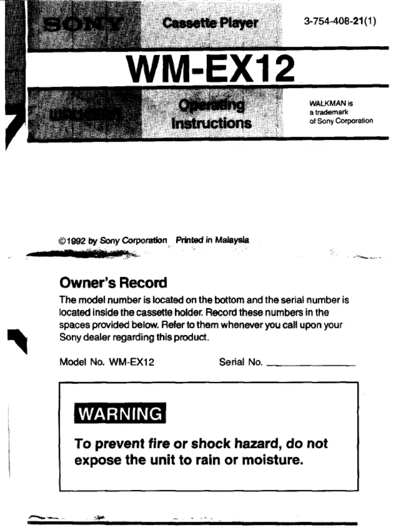 Page 1 de la notice Manuel utilisateur Sony Walkman WM-EX12