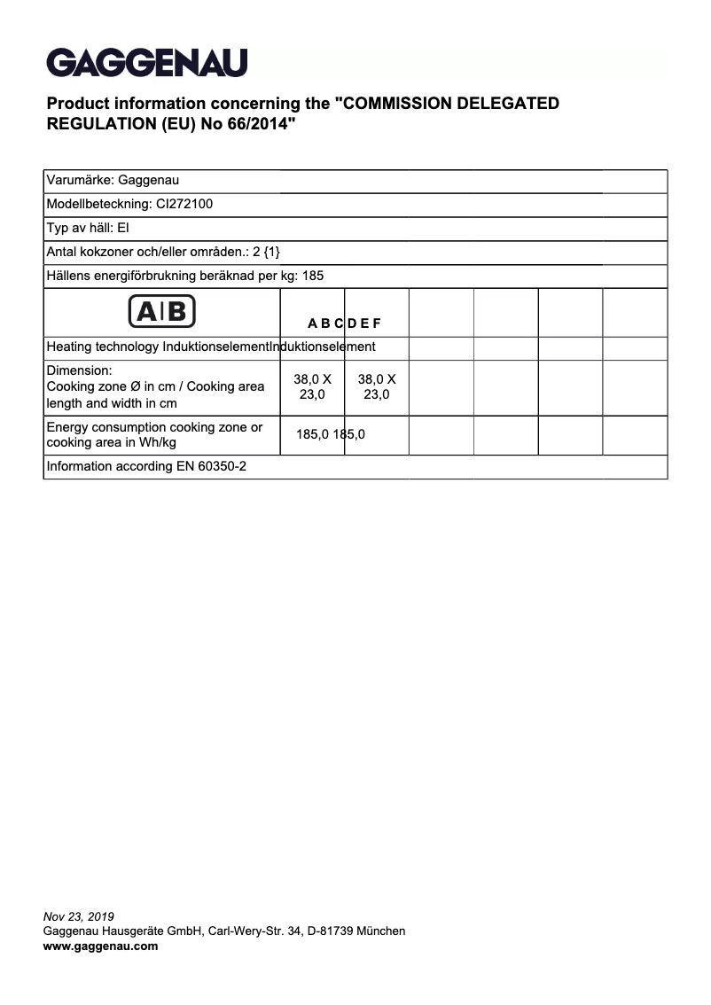 Page n°1 - Fiche technique Gaggenau CI272100