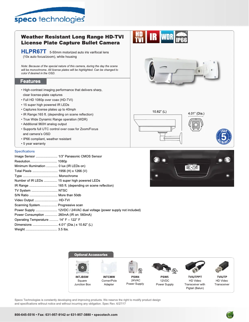 Page 1 de la notice Fiche technique Speco Technologies HLPR67T