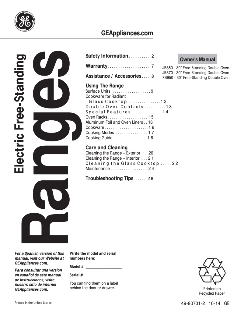 Page 1 de la notice Manuel d'utilisation et d'entretien GE JB850DFBB