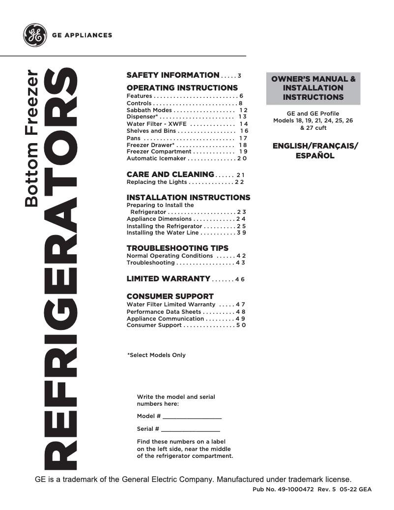 Page 1 of the manual Installation Guide GE GDE21ESKSS
