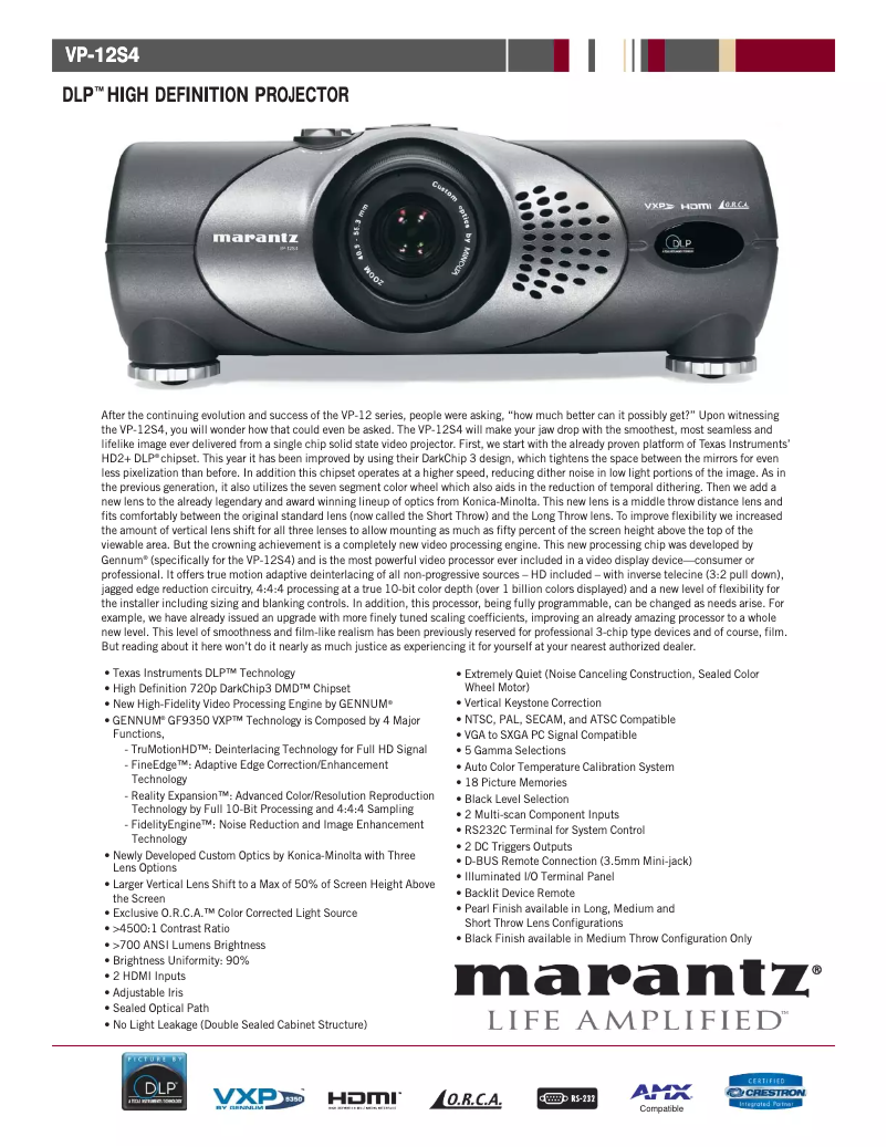 Page 1 de la notice Fiche technique Marantz VP-12S4