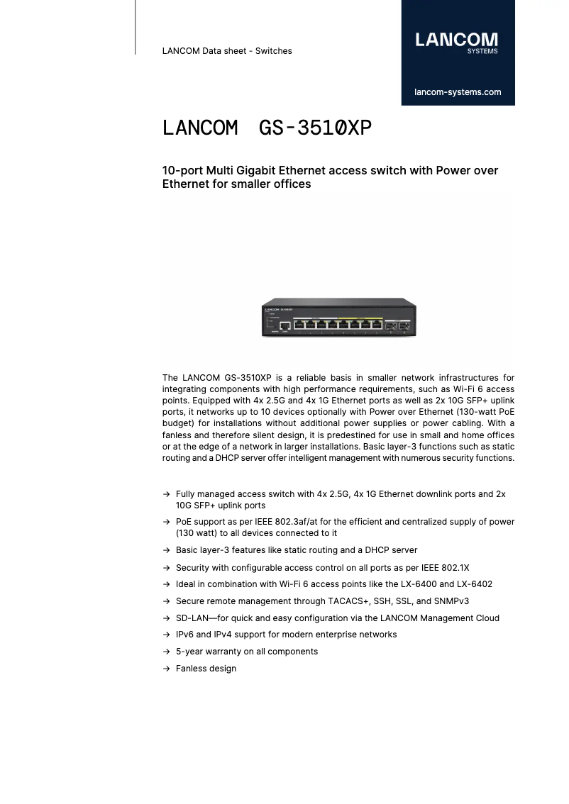 Page 1 de la notice Fiche technique Lancom GS-3510XP