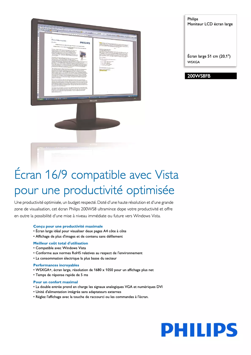 Page n°1 - Fiche technique Philips 200WS8FB