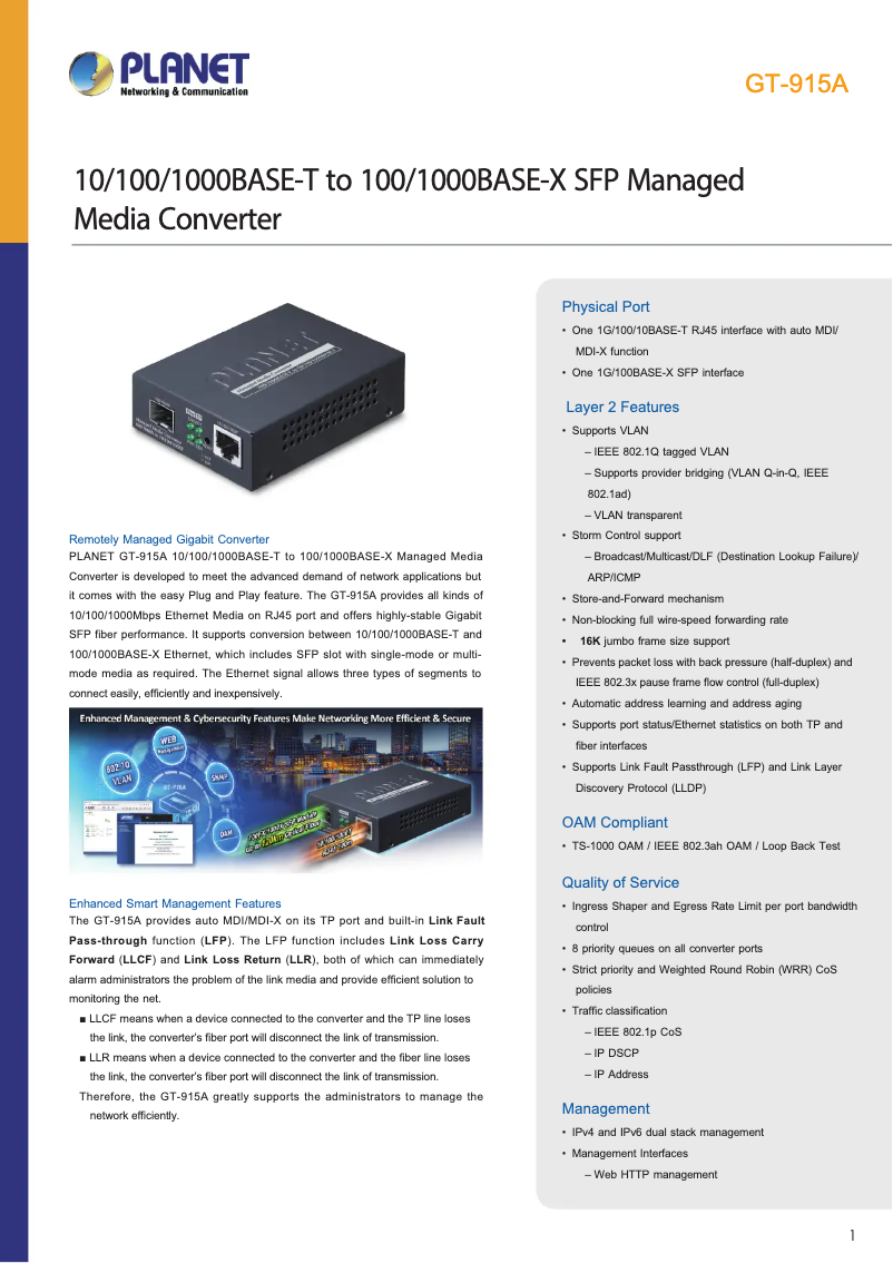 Page 1 de la notice Fiche technique Planet GT-915A